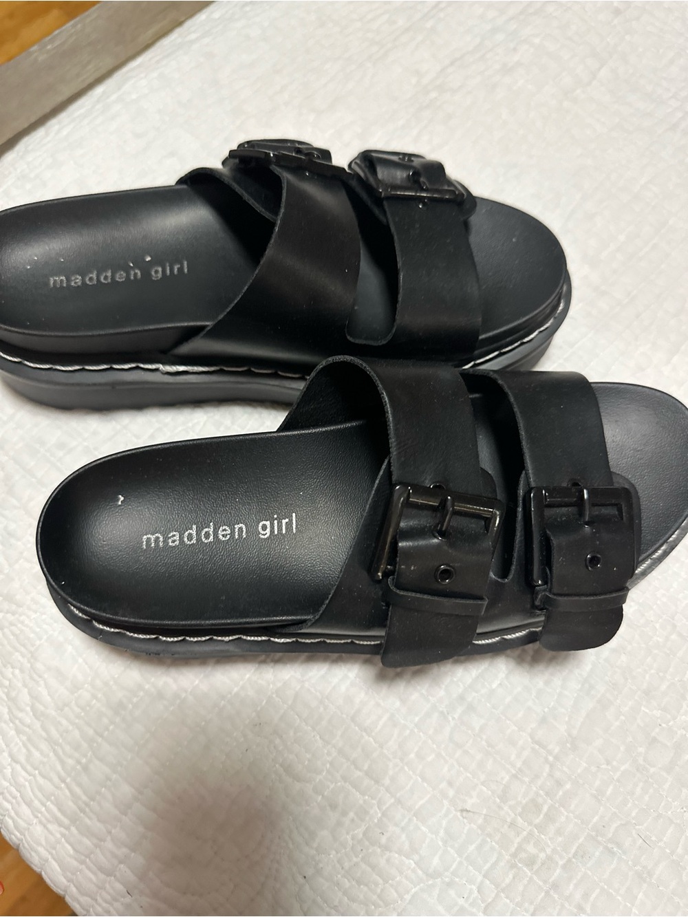 Madden Girl Black Double-Strap Platform Slide Sandals
